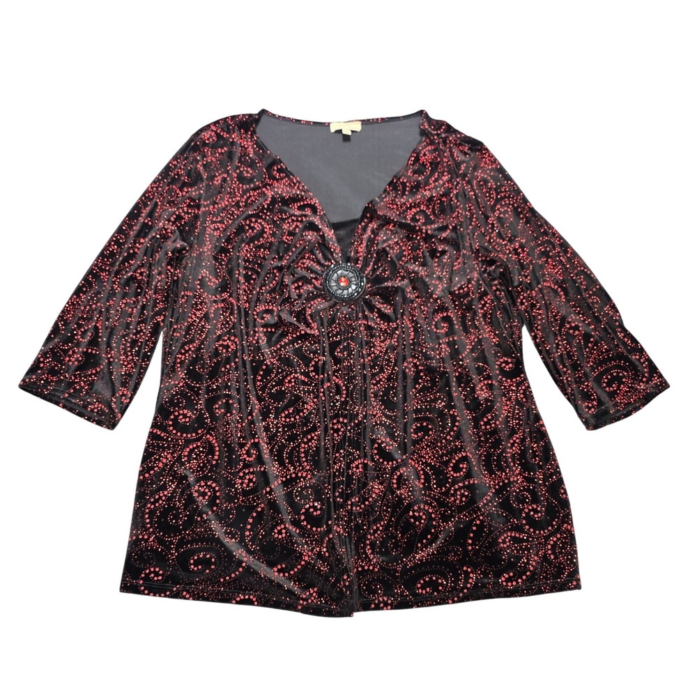 Choices Paisley V-Neck Tunic Women's Size 3X Black Velvet Red Glitter Medallion